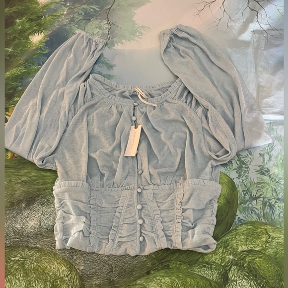 By Anthropologie Long-Sleeve Femme Ruched Cropped Top, Blue, M or L, NWT - Picture 7 of 11